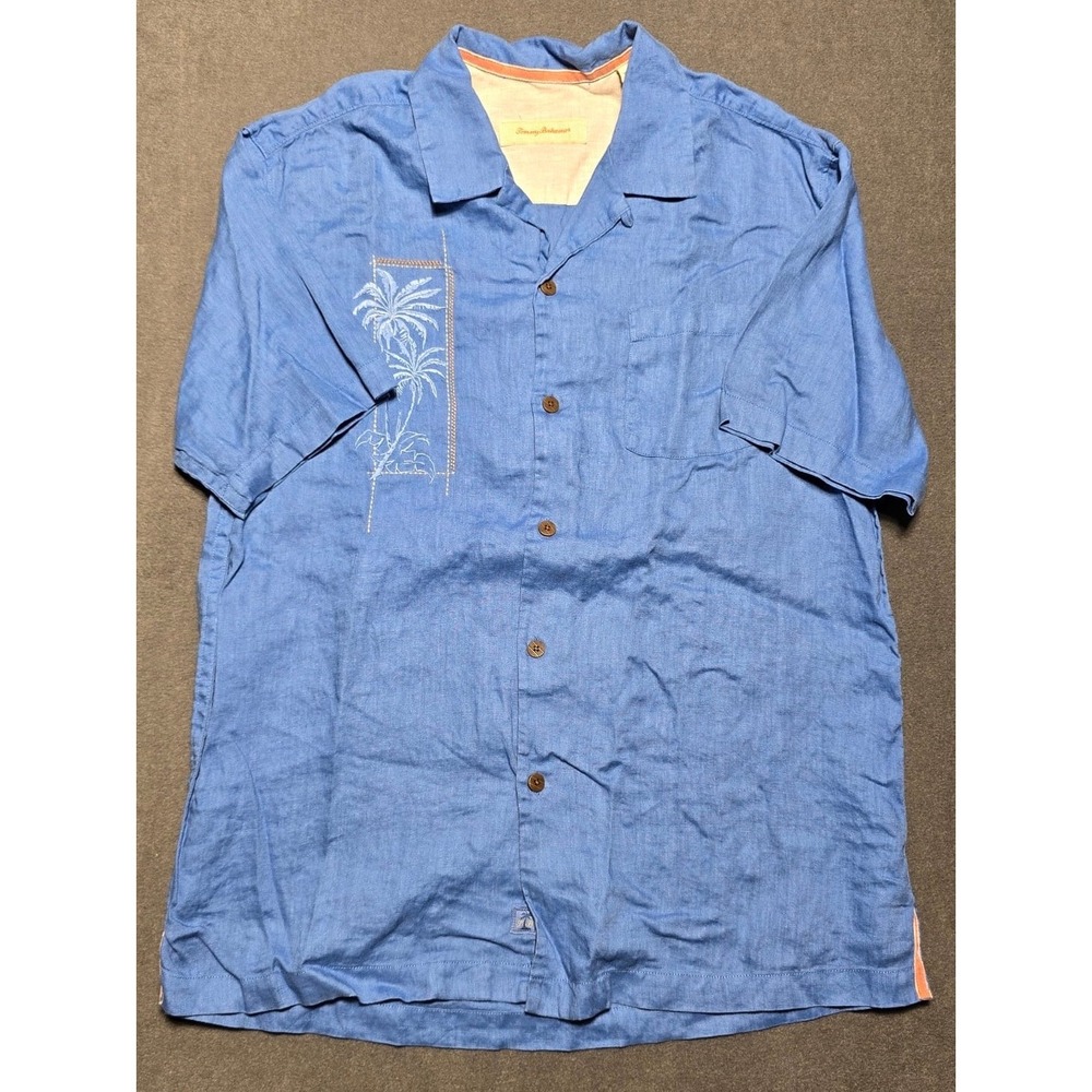Tommy Bahama Linen Shirt‎ Mens L Large Blue Palm Tree Button Up Camp Casual